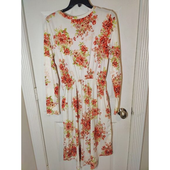 Reborn J Floral Red white Long-Sleeve Blouson Midi Dress W Pockets L - Picture 6 of 7